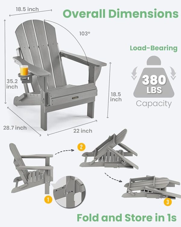 Ciokea Folding Adirondack Chair Wood Texture, Patio Chair Weather Resistant, Plastic Fire Pit Chair with Cup Holder, for Lawn Outdoor Porch Garden Backyard Deck (Grey) - Image 2