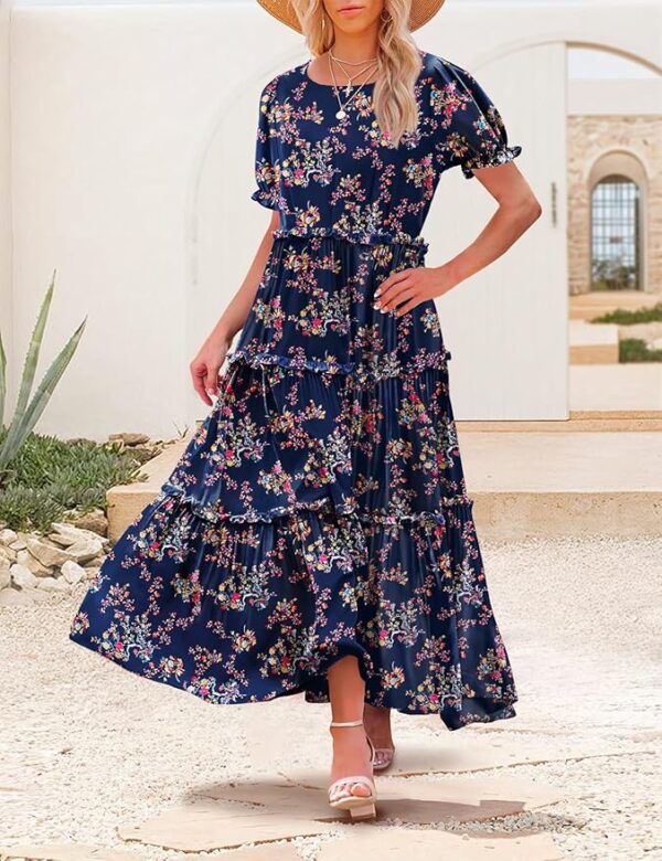 YESNO Summer Casual Bohemian Floral Dresses for Women Puff Short Sleeve Long Maxi Dress with Pockets ETX - Image 4