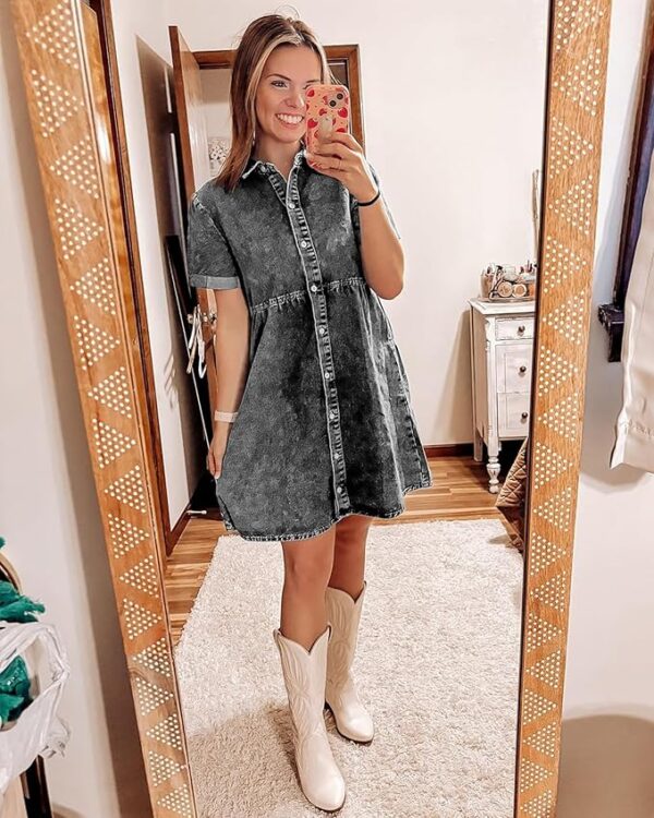 GRAPENT Denim Dress for Women Babydoll Tiered Short Sleeve Button Down Jean Shirt Dresses - Image 6