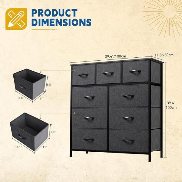 DWVO 9 Drawers Dresser for Bedroom, Fabric Storage Tower for Living Room, Entryway - Sturdy Steel Frame, Wooden Top & Easy Pull Fabric Bins - Image 2