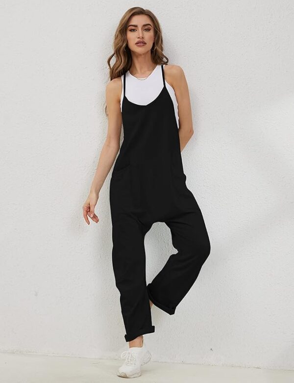 Lentta Women's Causal Jumpsuits V Neck Sleeveless Harem Overalls Stretchy Adjustable Strap Romper with Pockets - Image 2