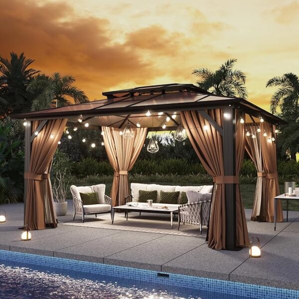 Aoxun 12'x10' Hardtop Gazebo, Aluminum Frame Permanent Pavilion with Curtains and Netting, Outdoor Polycarbonate Double Roof Canopy, Designed for Garden, Lawns, Patio, Brown - Image 2