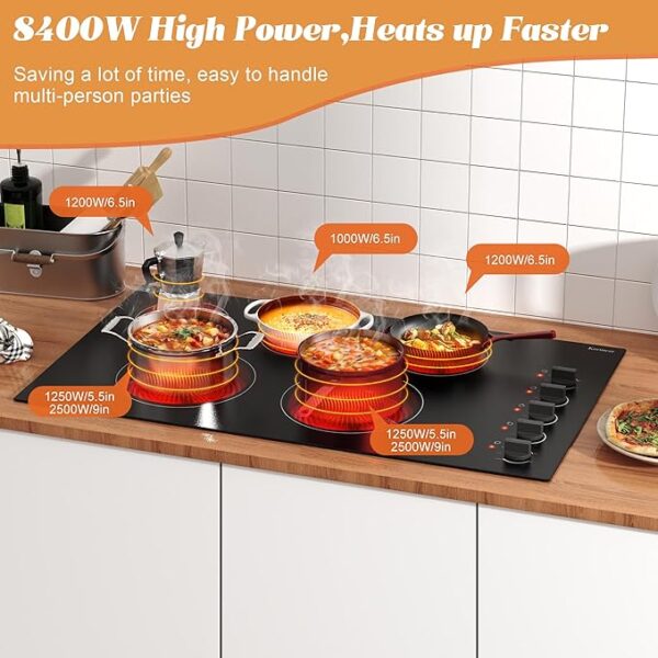 Karinear 36 Inch Electric Cooktop 5 Burners, Knob Control Built-in Ceramic Cooktop, 36" Radiant Electric Stove Top, Over-Temperature Protection, Hot Surface Indicator, 220-240v, Hard Wire, No Plug - Image 7