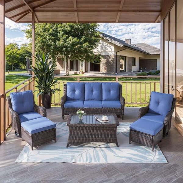 HUMMUH Patio Furniture 6 Pieces Outdoor Furniture Set Wicker Outdoor Sectional Sofa with Swivel Rocking Chairs,Patio Ottomans,Patio Coffee Table - Image 2