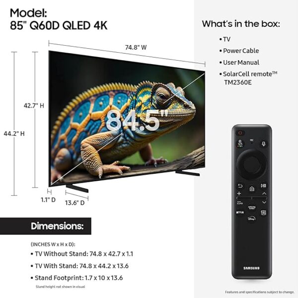 SAMSUNG 85-Inch Class QLED 4K Q60D Series Quantum HDR Smart TV w/Object Tracking Sound Lite, Motion Xcelerator, Slim Design, Gaming Hub, Alexa Built-in (QN85Q60D, 2024 Model) - Image 2