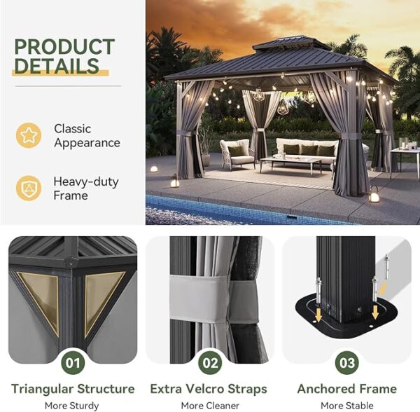 Aoxun 12'x14' Hardtop Gazebo, Aluminum Frame Canopy with Double Galvanized Steel Roof, Outdoor Metal Pavilion with Netting, Curtains for Backyard, Patio and Deck - Image 5