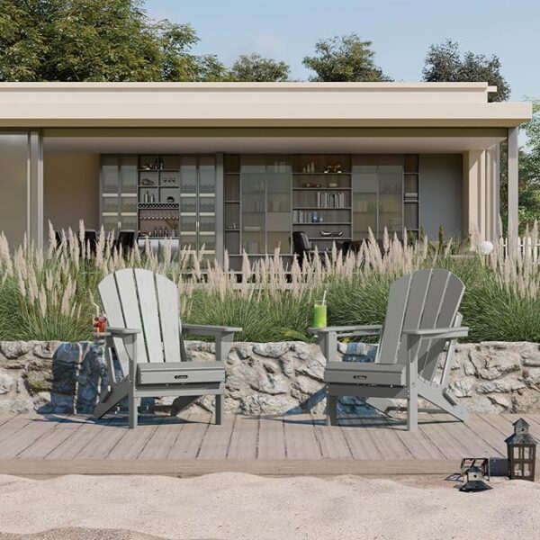Ciokea Folding Adirondack Chair Wood Texture, Patio Chair Weather Resistant, Plastic Fire Pit Chair with Cup Holder, for Lawn Outdoor Porch Garden Backyard Deck (Grey) - Image 4