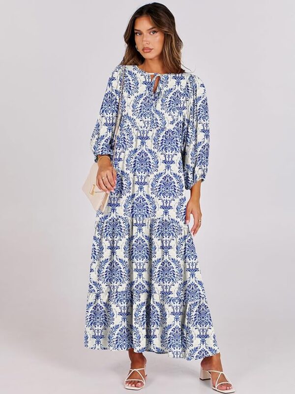 ANRABESS Womens Boho Maxi Dresses 2025 Summer V Neck Puff Sleeve Floral Flowy Swing Casual Long Dress - Image 6