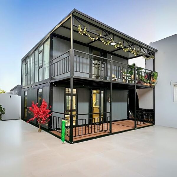 Modern 20x20ft Double-Story Tiny homes for sale, prefab tiny homes, expandable house,amazon prefab 2+3 bed, kitchen,2 Bath,living area,internal Stairs,Glass walls Balcony,roof extension for Adult livi
