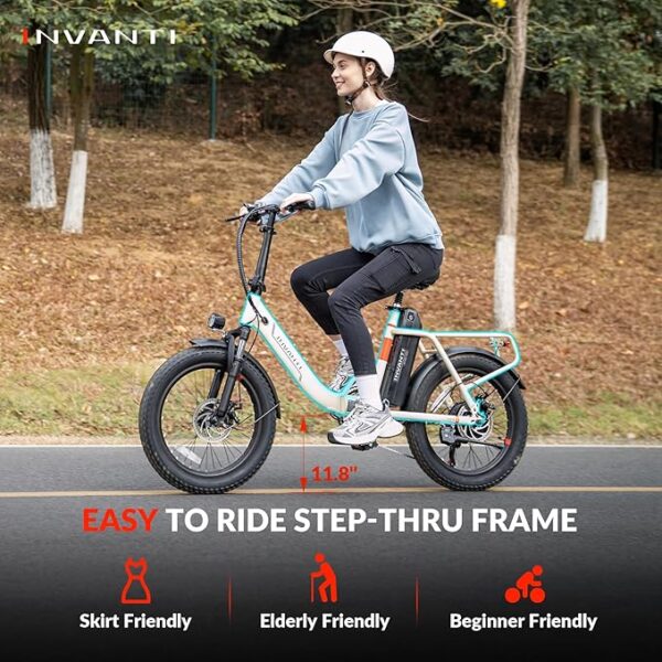 Electric Bike, 20" Fat Tire Step-Thru Electric Bicycle, 900W Peak Motor 45 Miles 20MPH Top Speed, Dual Suspension & 7-Speed Folding Ebike for Adults with Rear Rack - Image 3