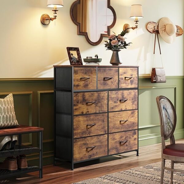 WLIVE 9-Drawer Dresser, Fabric Storage Tower for Bedroom, Hallway, Entryway, Closet, Tall Chest Organizer Unit with Fabric Bins, Steel Frame, Wood Top, Easy Pull Handle, Rustic Brown Wood Grain Print - Image 4
