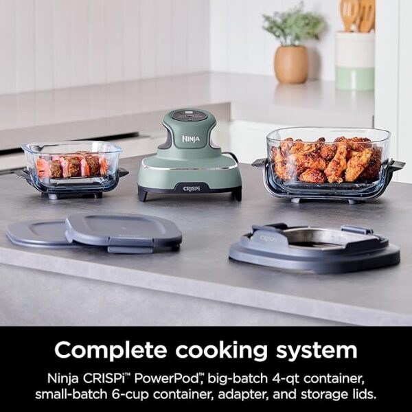 Ninja Crispi Air Fryer, Microwave, Freezer & Dishwasher Safe, Non Toxic Glass Portable Cooking System, 4 QT & 6 Cup Glass Containers with Storage Lids, Easy Meals, Air Fry, Bake, Green, FN101SG - Image 3