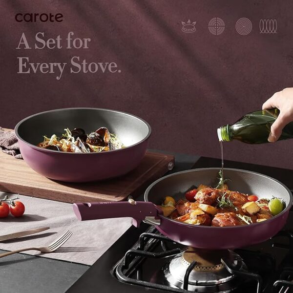 CAROTE 19pcs Pots and Pans Set, Nonstick Cookware Set Detachable Handle, Induction Kitchen Cookware Sets Non Stick with Removable Handle, RV Cookware Set, Gold and Purple - Image 3