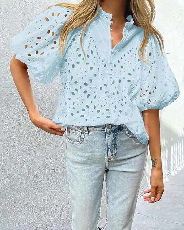 PRETTYGARDEN Women's Summer Tops 2025 Dressy Casual Short Sleeve V Neck Buttons Hollow Out Lace Embroidered Blouses Shirts - Image 3