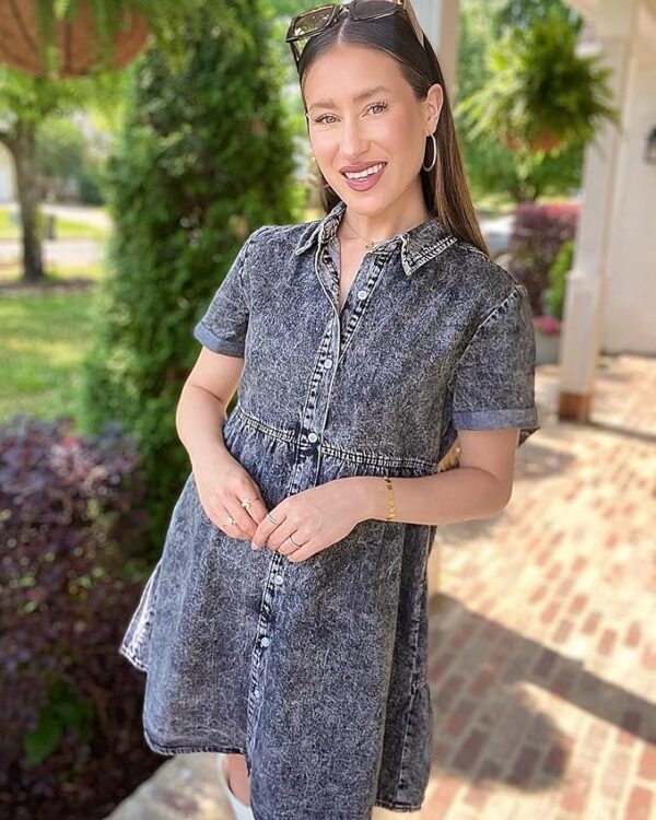 GRAPENT Denim Dress for Women Babydoll Tiered Short Sleeve Button Down Jean Shirt Dresses - Image 3