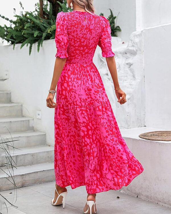BTFBM Women Casual Summer Dresses 2025 Spring Crew Neck Ruffle Short Sleeve Floral Print Smocked Boho Flowy Maxi Dress - Image 3