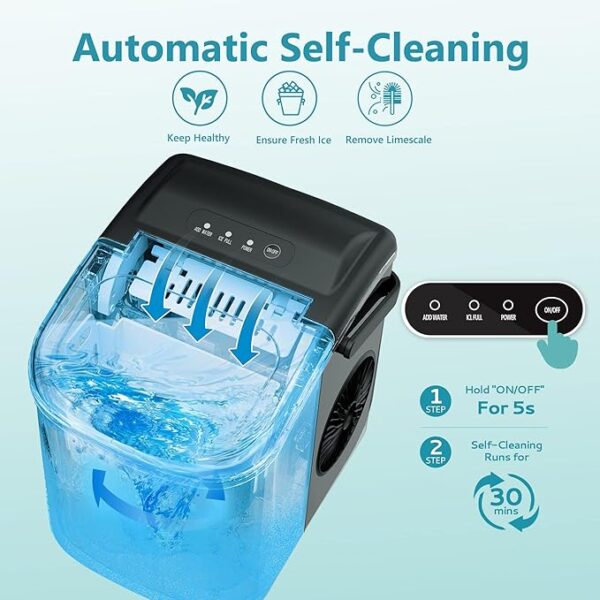 EUHOMY Countertop Ice Maker Machine with Handle, 26lbs in 24Hrs, 9 Ice Cubes Ready in 6 Mins, Auto-Cleaning Portable Ice Maker with Basket and Scoop, for Home/Kitchen/Camping/RV. (Black) - Image 5