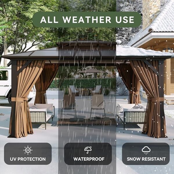 Aoxun 12'x10' Hardtop Gazebo, Aluminum Frame Permanent Pavilion with Curtains and Netting, Outdoor Polycarbonate Double Roof Canopy, Designed for Garden, Lawns, Patio, Brown - Image 4