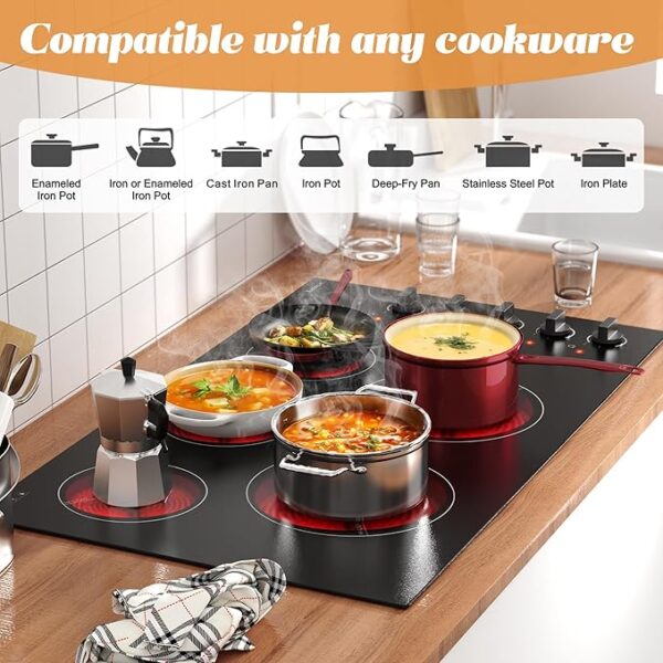 Karinear 36 Inch Electric Cooktop 5 Burners, Knob Control Built-in Ceramic Cooktop, 36" Radiant Electric Stove Top, Over-Temperature Protection, Hot Surface Indicator, 220-240v, Hard Wire, No Plug - Image 4