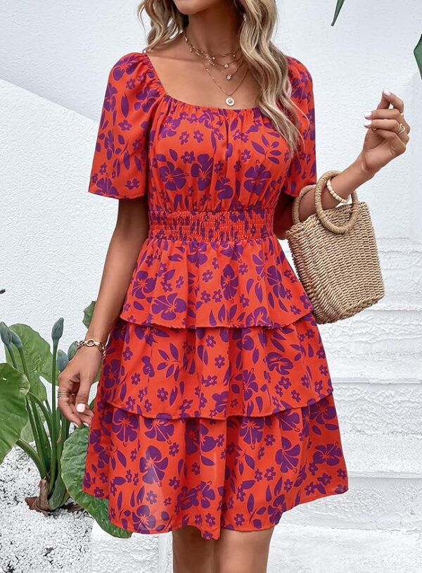 PRETTYGARDEN Women's 2025 Floral Summer Short Dress Square Neck Short Sleeve Tiered Ruffle Boho Swing Dresses - Image 3