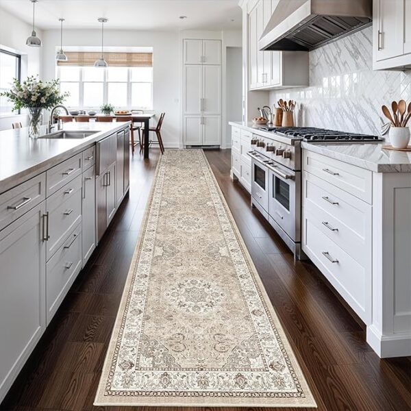 Hallway Washable Runner Rug - 2'6x14 Kitchen Rugs Entryway Rug Runner Vintage Soft Floor Mat Non Slip Indoor Farmhouse Carpet for Bathroom Living Room Bedroom (2'6''x14', Beige) - Image 3
