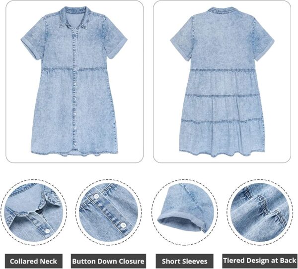 GRAPENT Denim Dress for Women Babydoll Tiered Short Sleeve Button Down Jean Shirt Dresses - Image 6