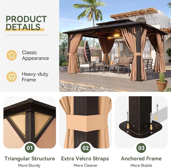 Aoxun 12'x10' Hardtop Gazebo, Aluminum Frame Permanent Pavilion with Curtains and Netting, Outdoor Polycarbonate Double Roof Canopy, Designed for Garden, Lawns, Patio, Brown - Image 3