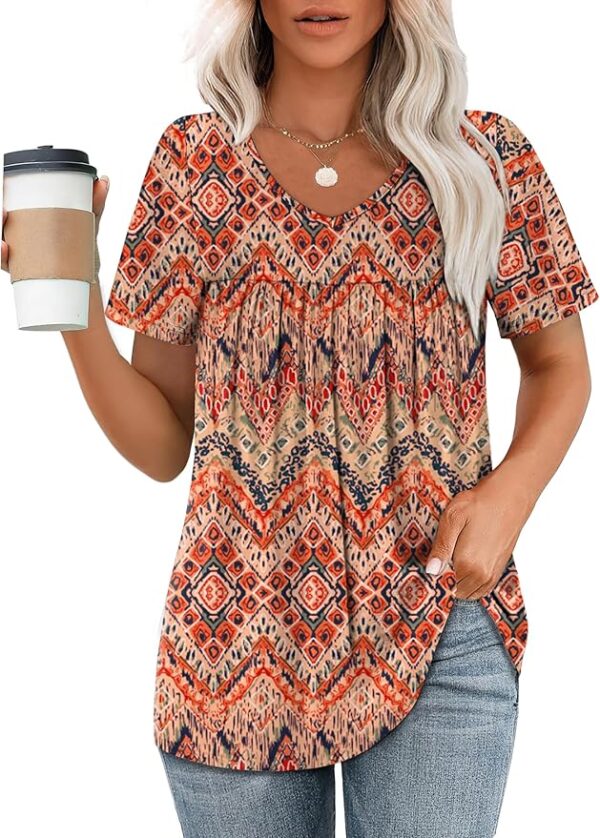 WEESO Womens T Shirts Short Sleeve Pleated Dressy Casual V Neck Summer Tops Blouses - Image 2