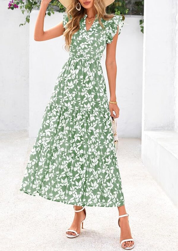 PRETTYGARDEN Women's 2025 Summer Floral Midi Dress Cap Sleeve V Neck Ruffle Long Flowy Boho Casual Beach Vacation Dresses - Image 5