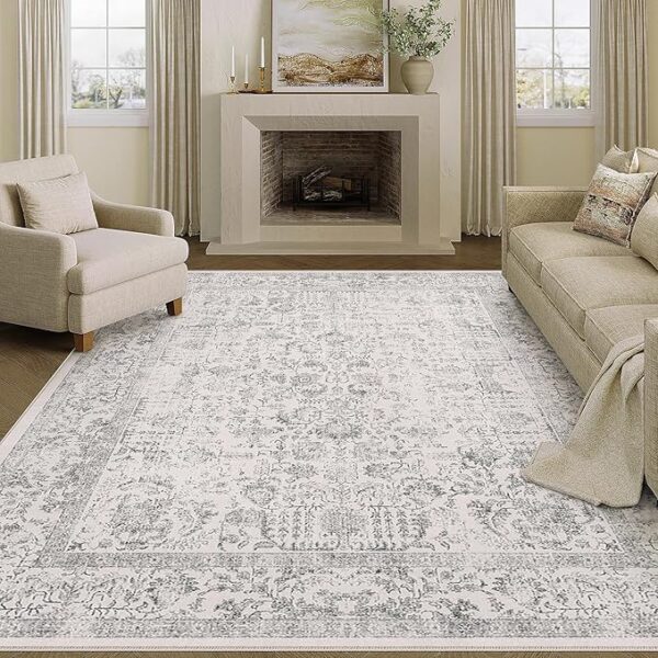 Gray Area Rug 5x7 Machine Washable Vintage Living Room Distressed Non Slip Carpet Traditional Indoor Bedroom Grey Retro Floral Accent Throw Large Rug for Office Kitchen Bathroom Dining Room - Image 2