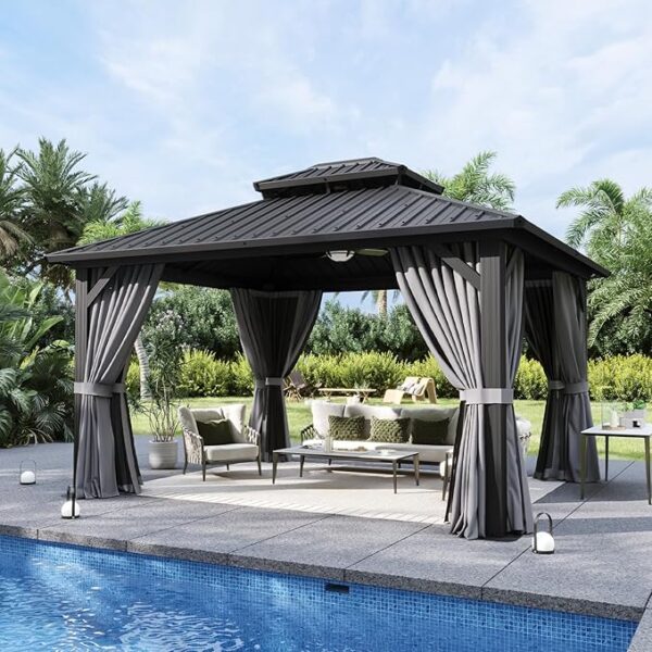 Aoxun 12'x14' Hardtop Gazebo, Aluminum Frame Canopy with Double Galvanized Steel Roof, Outdoor Metal Pavilion with Netting, Curtains for Backyard, Patio and Deck - Image 4