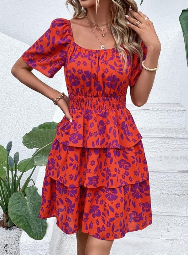 PRETTYGARDEN Women's 2025 Floral Summer Short Dress Square Neck Short Sleeve Tiered Ruffle Boho Swing Dresses - Image 6