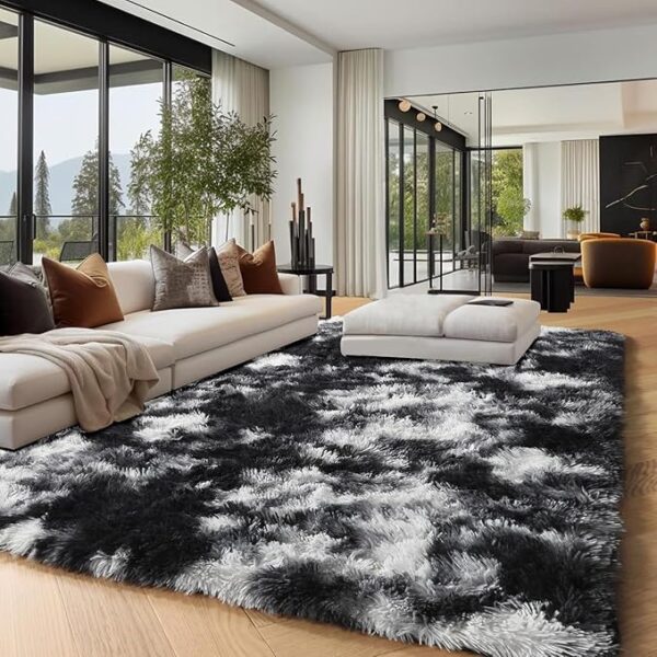 PAGISOFE 9x12 Area Rugs Living Room, Extra Large Black White Grey Machine Washable Rugs for Bedroom Fluffy Indoor Rugs for Kids Room Classroom Dorm Room Aesthetic Shaggy Carpet Plush Modern Cool Rug - Image 2