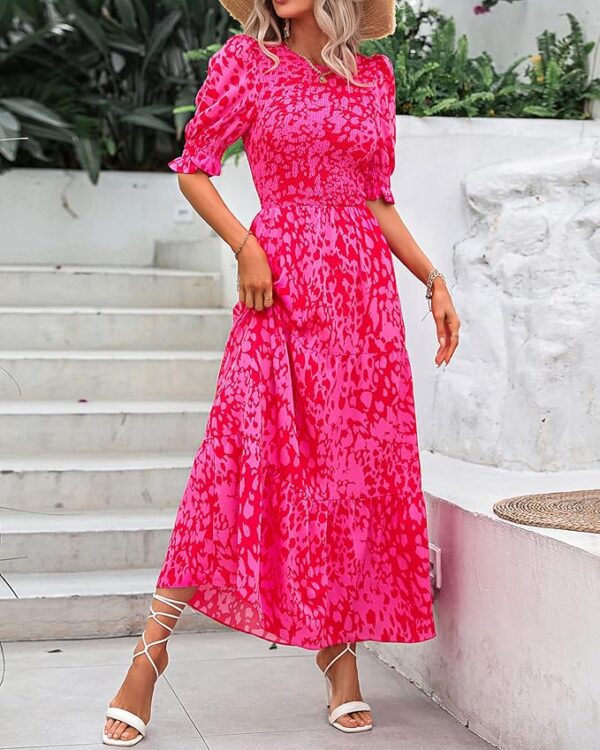 BTFBM Women Casual Summer Dresses 2025 Spring Crew Neck Ruffle Short Sleeve Floral Print Smocked Boho Flowy Maxi Dress - Image 2
