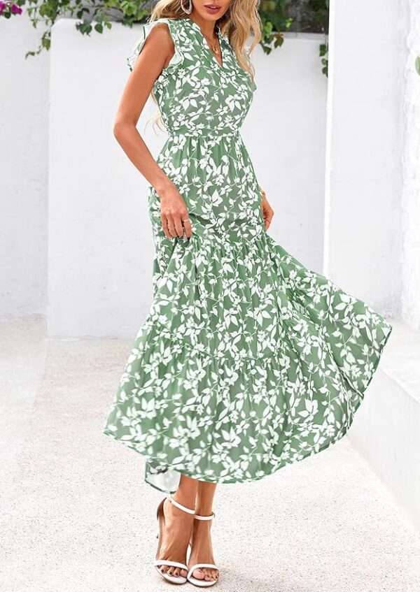 PRETTYGARDEN Women's 2025 Summer Floral Midi Dress Cap Sleeve V Neck Ruffle Long Flowy Boho Casual Beach Vacation Dresses - Image 4