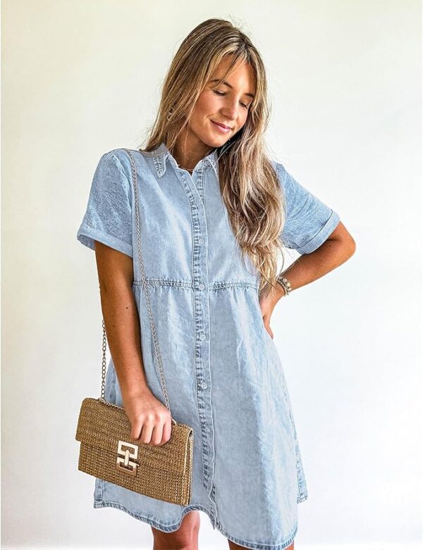 GRAPENT Denim Dress for Women Babydoll Tiered Short Sleeve Button Down Jean Shirt Dresses - Image 4