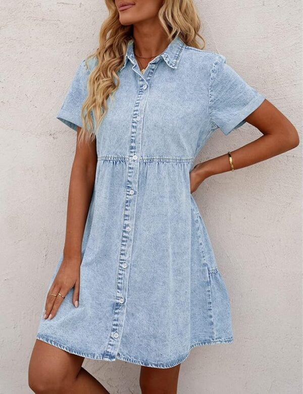 GRAPENT Denim Dress for Women Babydoll Tiered Short Sleeve Button Down Jean Shirt Dresses - Image 5