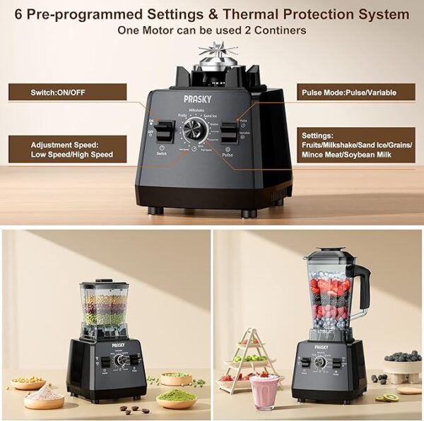 Professional Blender,Smoothies Blenders, PRASKY Max.2400Watts/1000Watts Blender and Grinder Combo 25000RPM Powerful Kitchen 68oz BPA Free 2 Containers Countertop Blenders Ice Crushing, Juice - Image 6