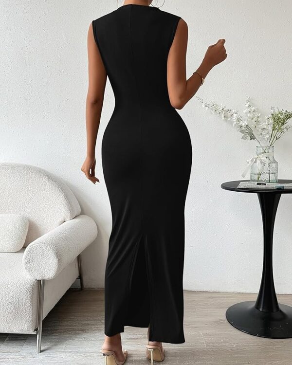 BTFBM Women's Ruched Bodycon Dress Summer Casual Sleeveless Back Slit Elegant Club Evening Party Cocktail Maxi Dresses - Image 5