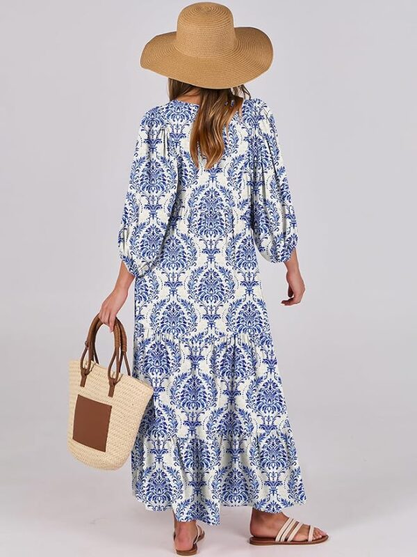 ANRABESS Womens Boho Maxi Dresses 2025 Summer V Neck Puff Sleeve Floral Flowy Swing Casual Long Dress - Image 2