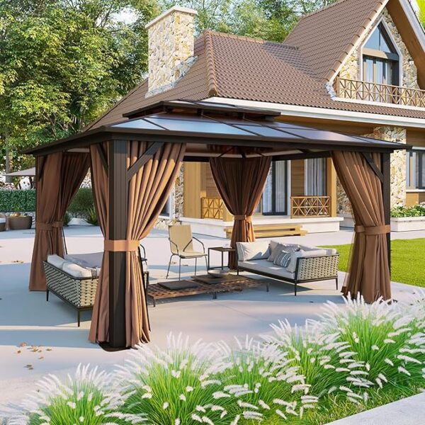 Aoxun 12'x10' Hardtop Gazebo, Aluminum Frame Permanent Pavilion with Curtains and Netting, Outdoor Polycarbonate Double Roof Canopy, Designed for Garden, Lawns, Patio, Brown - Image 5