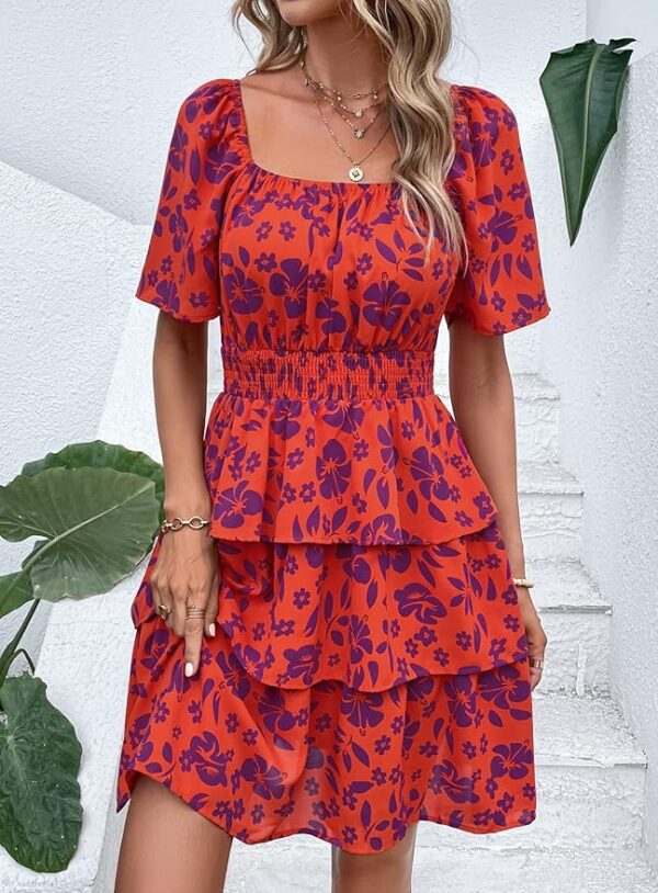 PRETTYGARDEN Women's 2025 Floral Summer Short Dress Square Neck Short Sleeve Tiered Ruffle Boho Swing Dresses - Image 2