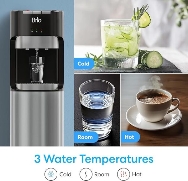 Brio Bottom Loading Water Cooler Dispenser for 5 Gallon Bottles - 3 Temperatures with Hot, Room & Cold Spouts, Child Safety Lock, LED Display with Empty Bottle Alert, Stainless Steel - Image 4