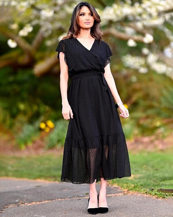 BTFBM Women Summer Bohemian Floral Casual Wrap V Neck Ruffle Cap Sleeveless Belt A-Line Pleated Hem Midi Sun Dress White - Image 2