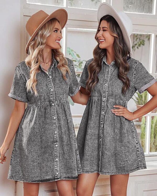 GRAPENT Denim Dress for Women Babydoll Tiered Short Sleeve Button Down Jean Shirt Dresses - Image 4
