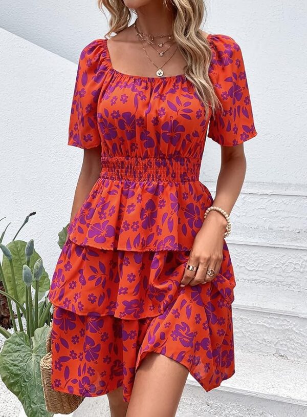 PRETTYGARDEN Women's 2025 Floral Summer Short Dress Square Neck Short Sleeve Tiered Ruffle Boho Swing Dresses - Image 4