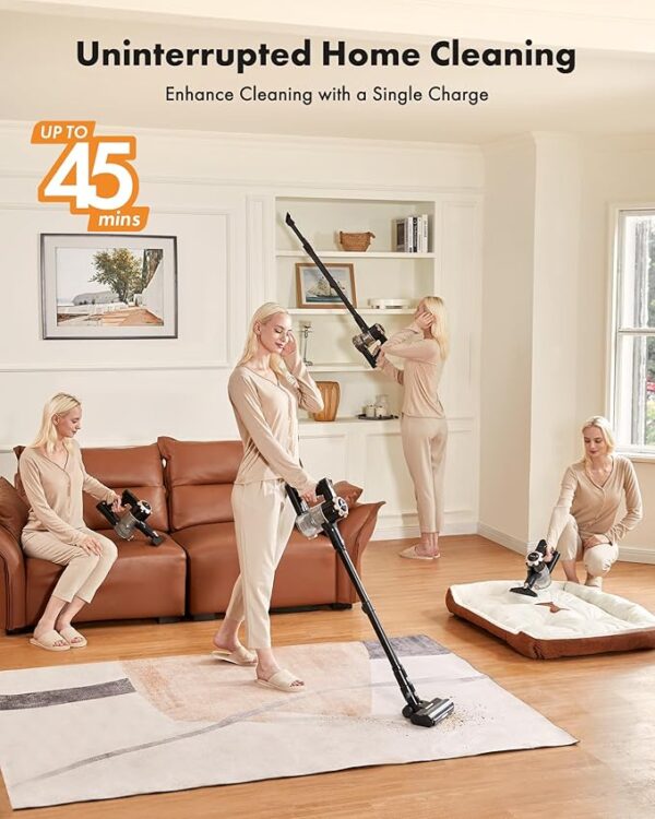 Cordless Vacuum Cleaner, 8-in-1 Lightweight Stick Vacuum with 45mins Runtime, Powerful Suction, Rechargeable Cordless Vacuum for Carpet, Tile, Pet Hair, Hardwood Floors, Black - Image 5