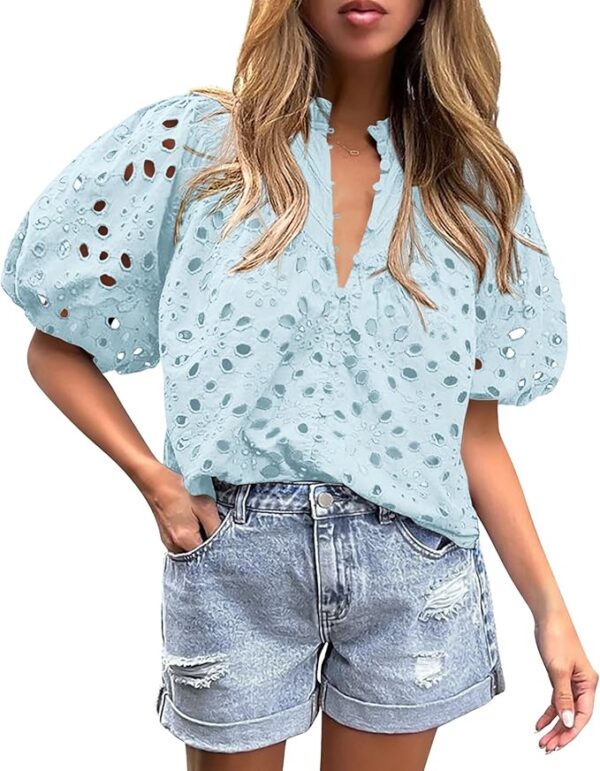 PRETTYGARDEN Women's Summer Tops 2025 Dressy Casual Short Sleeve V Neck Buttons Hollow Out Lace Embroidered Blouses Shirts