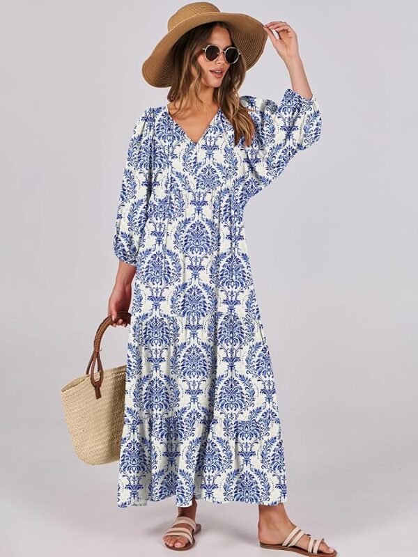 ANRABESS Womens Boho Maxi Dresses 2025 Summer V Neck Puff Sleeve Floral Flowy Swing Casual Long Dress - Image 3