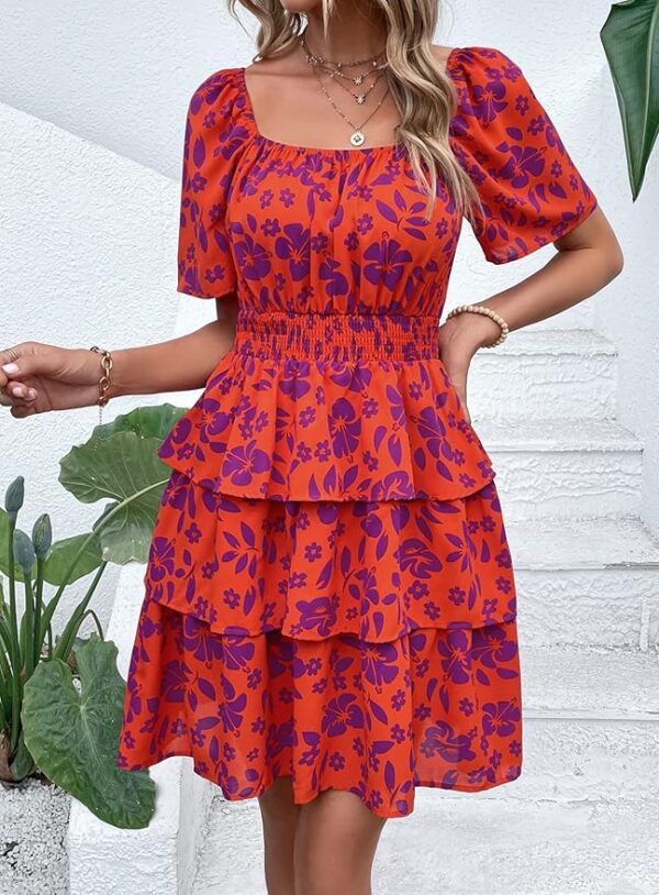 PRETTYGARDEN Women's 2025 Floral Summer Short Dress Square Neck Short Sleeve Tiered Ruffle Boho Swing Dresses - Image 5